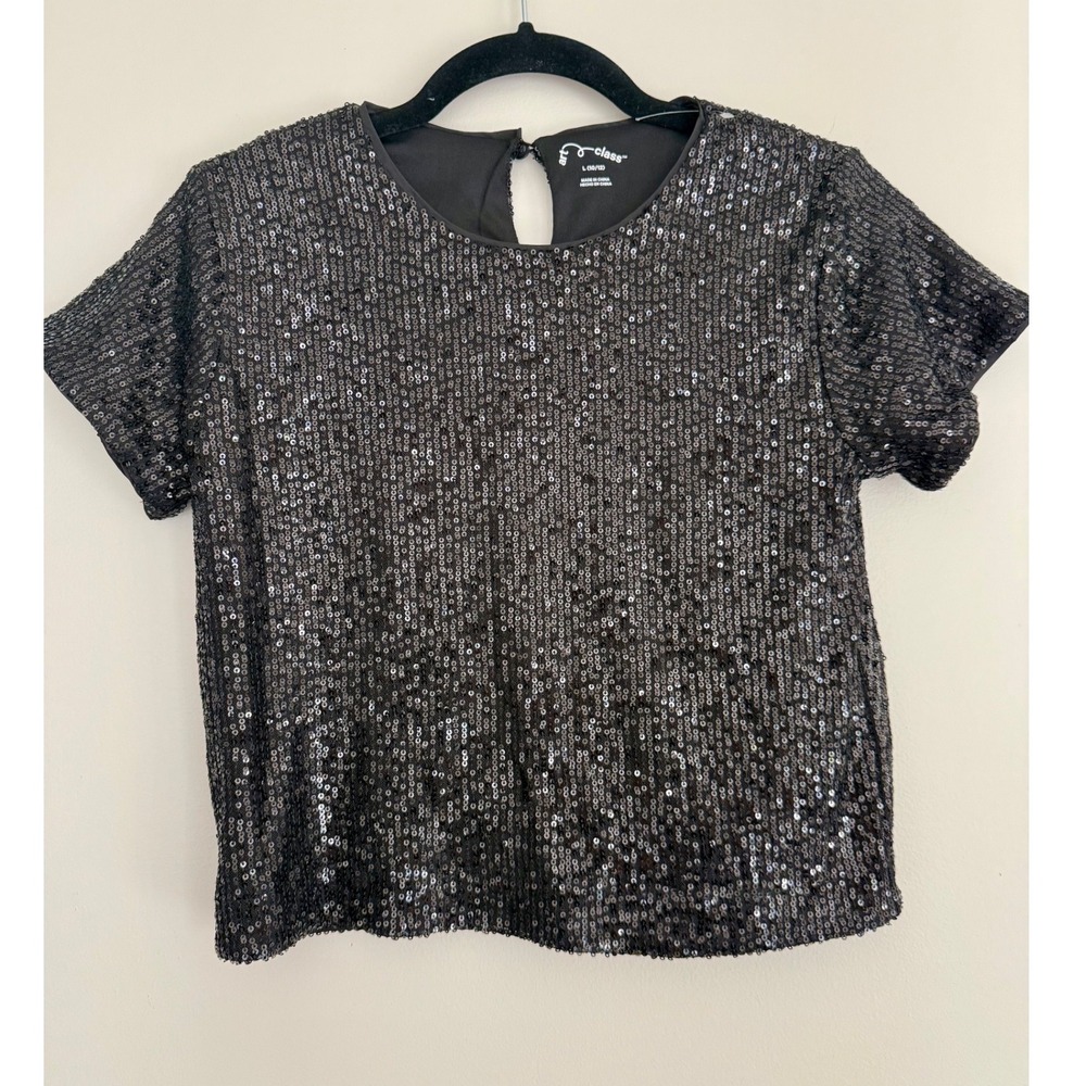 Art Class Girls Black Sequin Short Sleeve Top Keyhole Back Size L 10/12